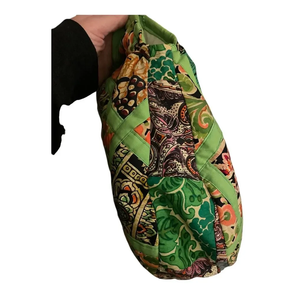 Vintage Handmade quilted patchwork hobo bag rattan handle water resistant lining